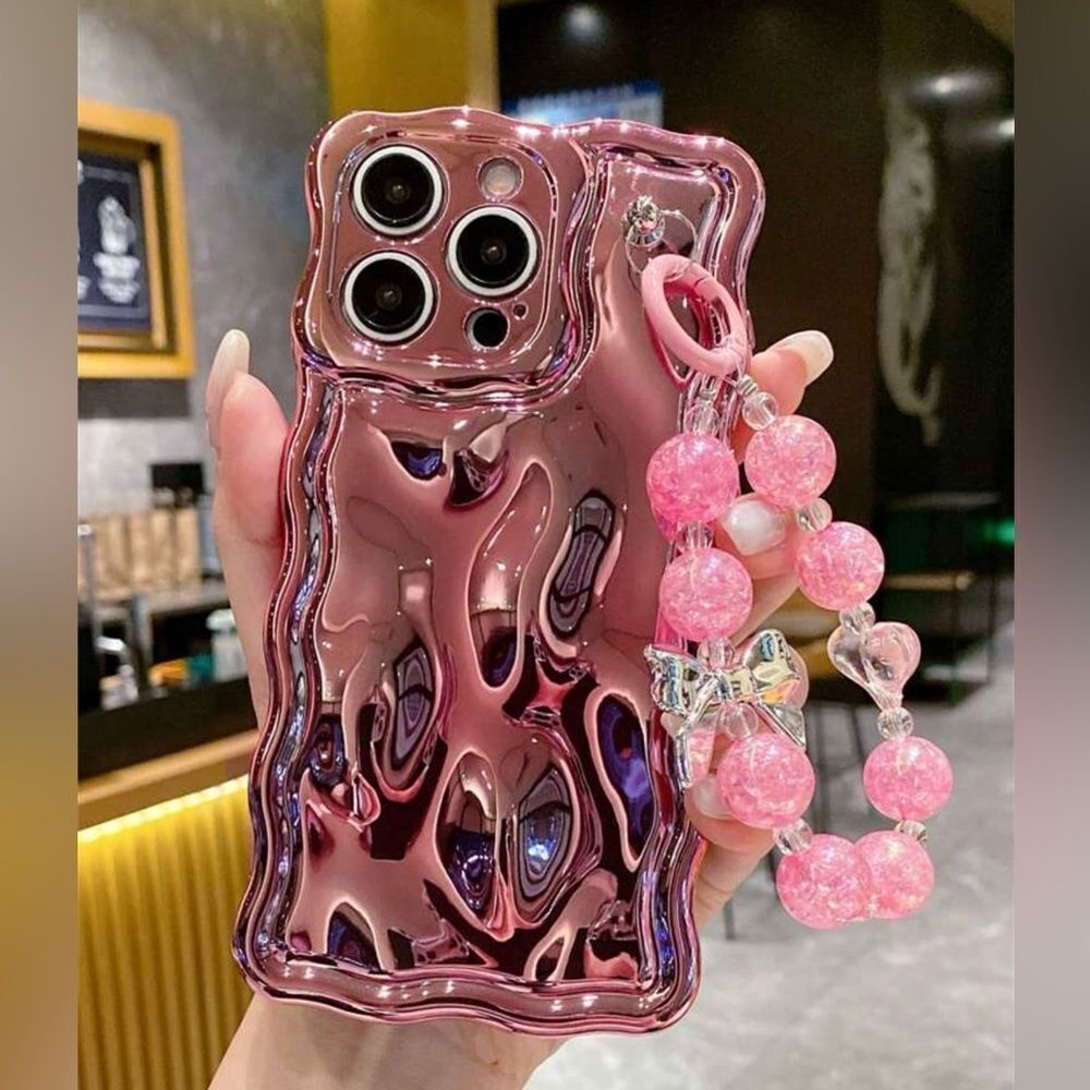 Glossy Pink Wave Case with Beaded Handle for iPhone 16 Pro Max